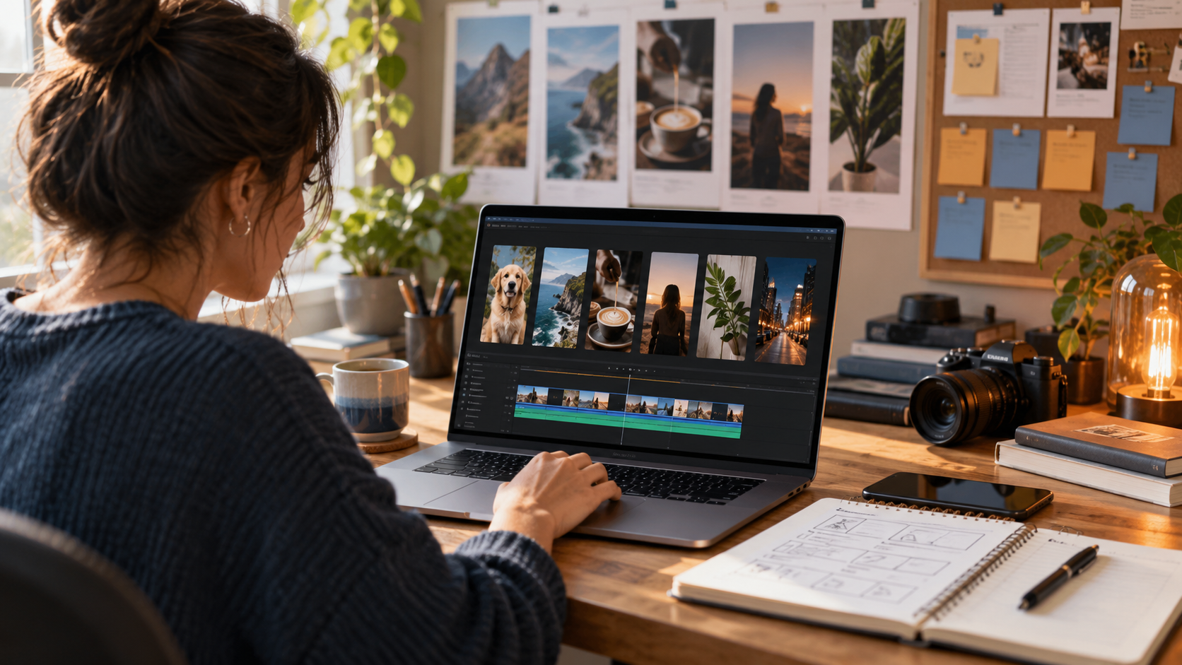 Laptop displaying a collection of short-form video samples in a creator’s workspace.