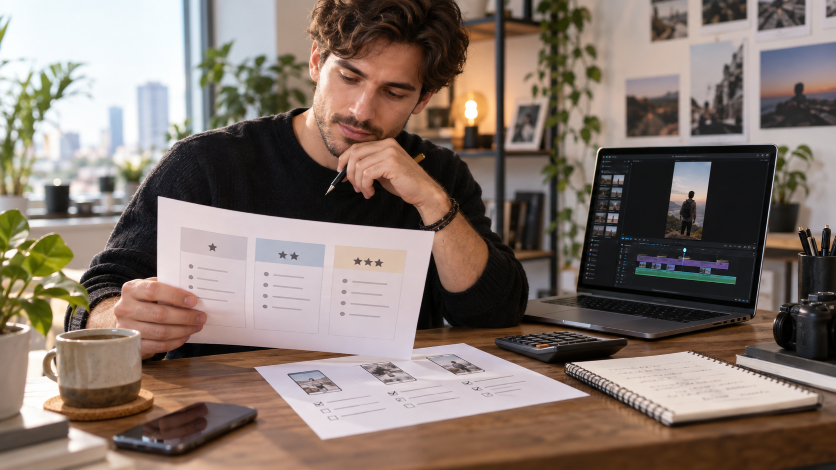 Video editor reviewing a pricing worksheet on a laptop at a desk.
