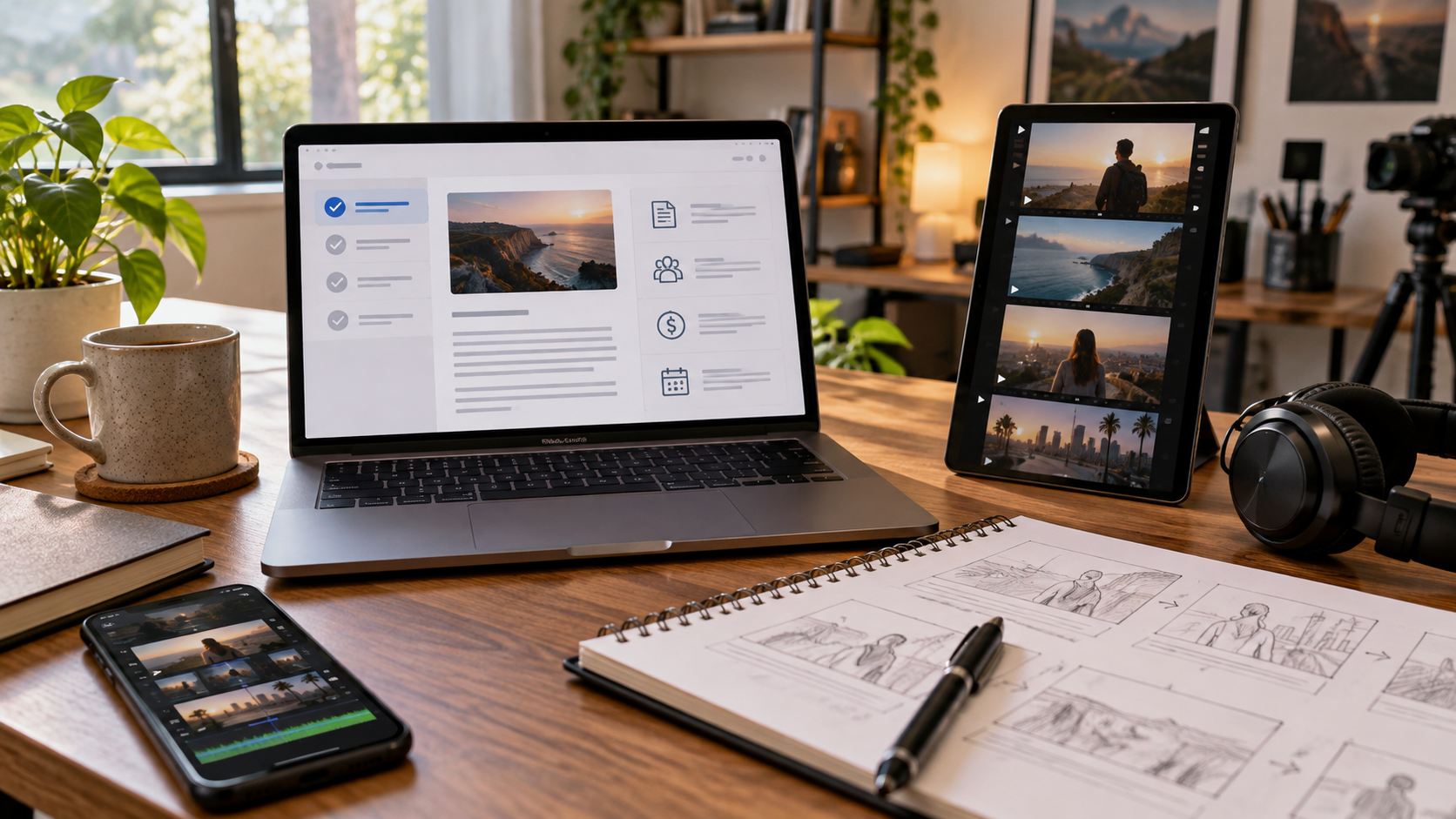 Laptop displaying a client proposal with a video preview and project details.