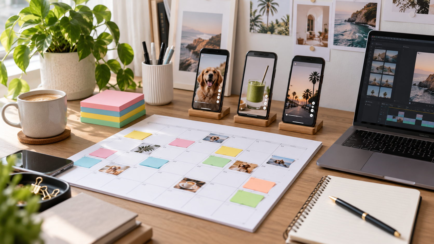 Printed content calendar, planning notes, and phones arranged on a creator’s desk.