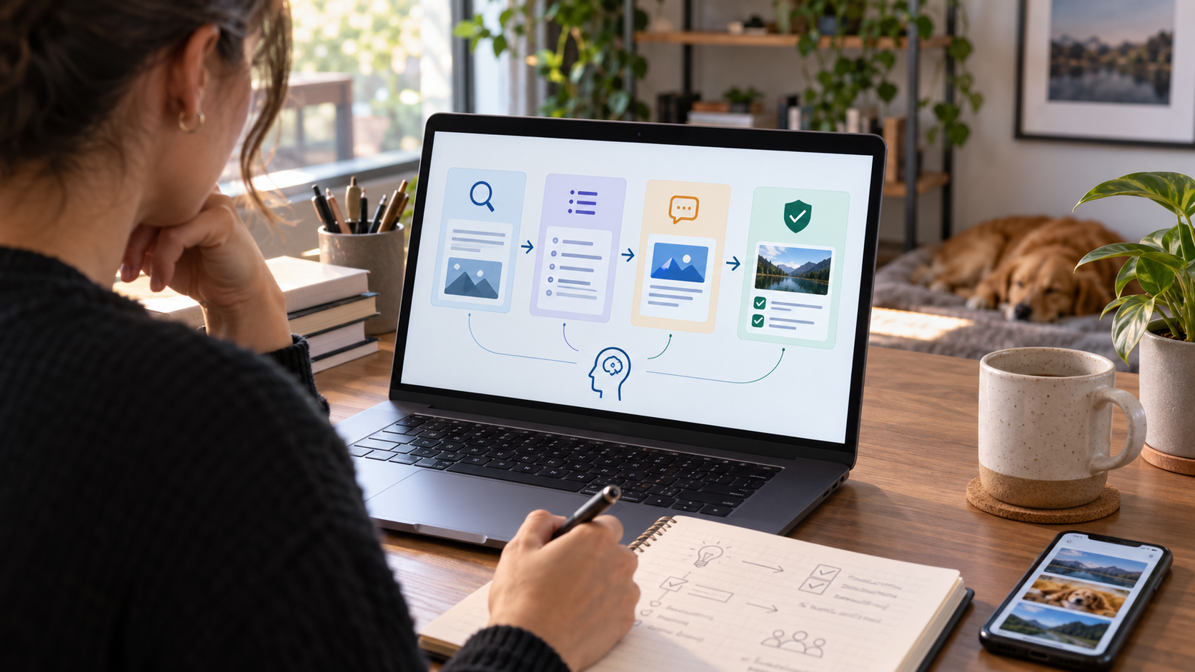 Laptop displaying a workflow diagram for organizing AI-assisted content tasks.