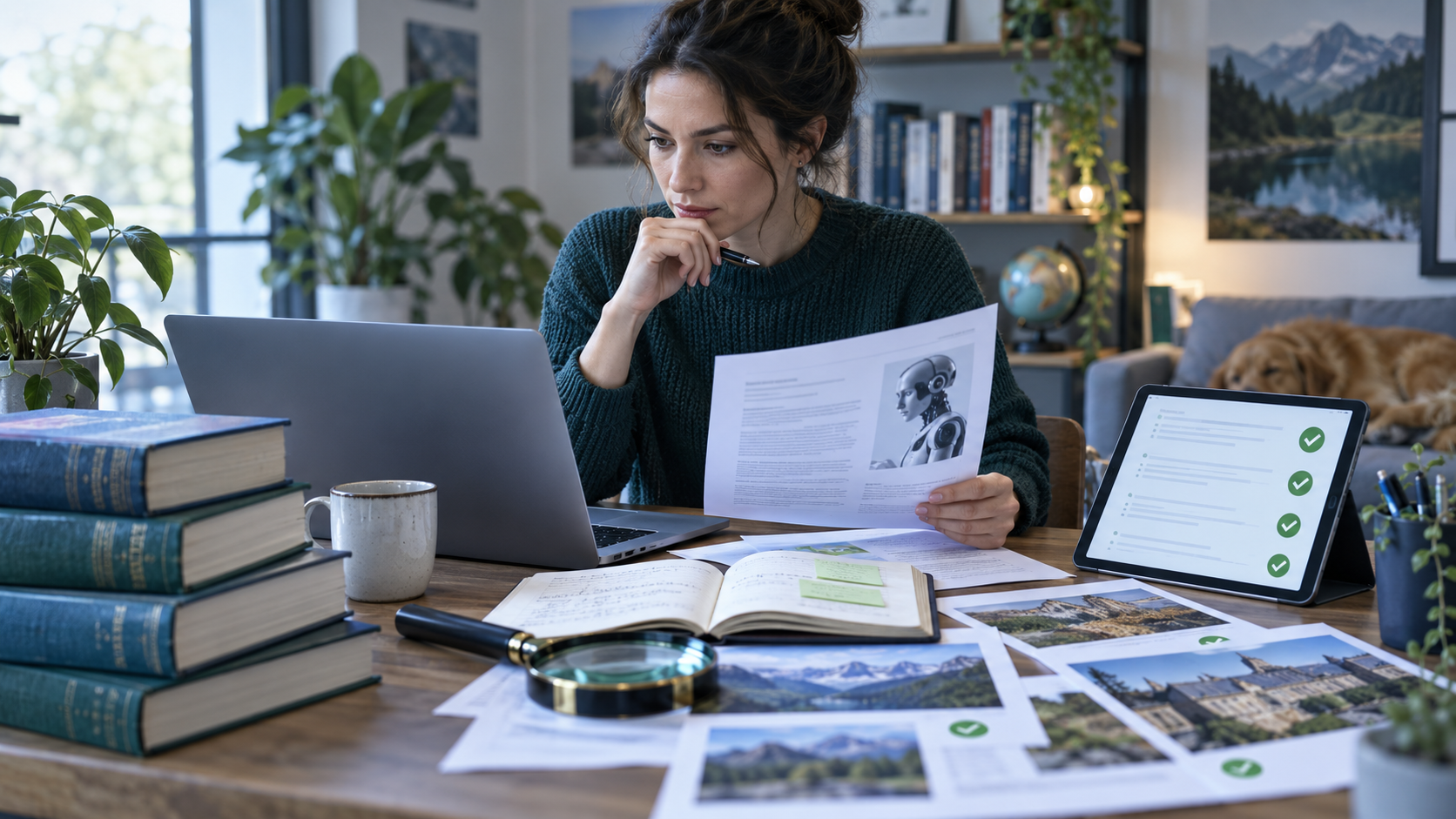 Creator comparing printed information with content on a laptop during a fact-check.