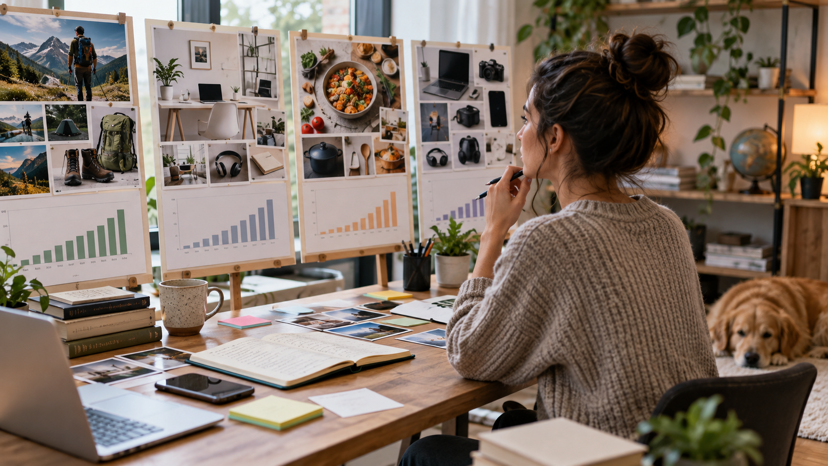 Creator planning an affiliate niche with notes and reference images above a desk.