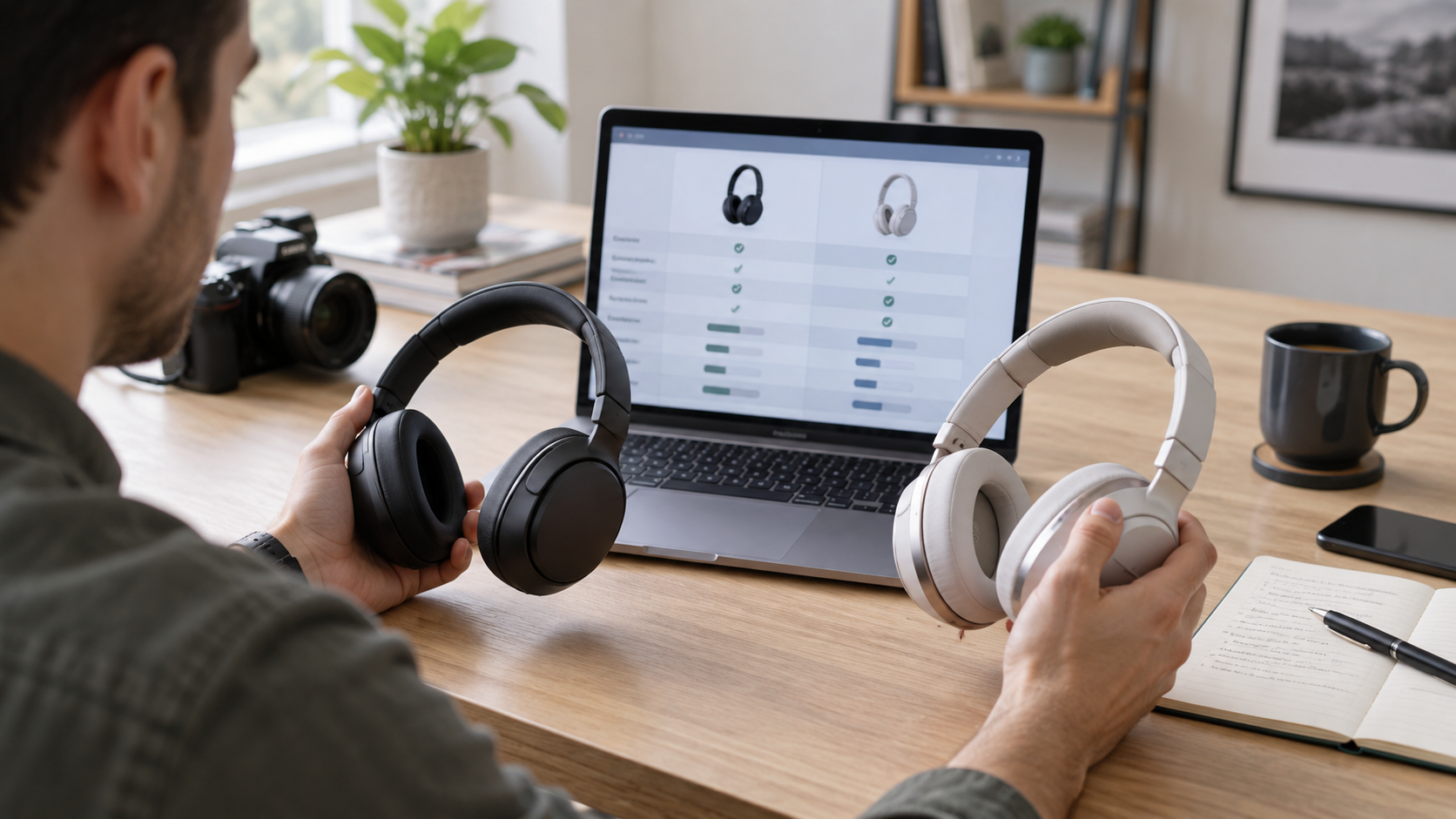Laptop displaying a product comparison beside headphones and a notebook.