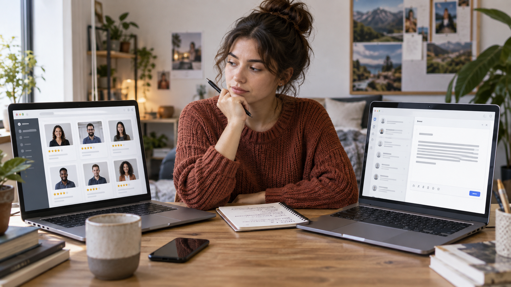 Freelancer reviewing online work options at a desk with a laptop.