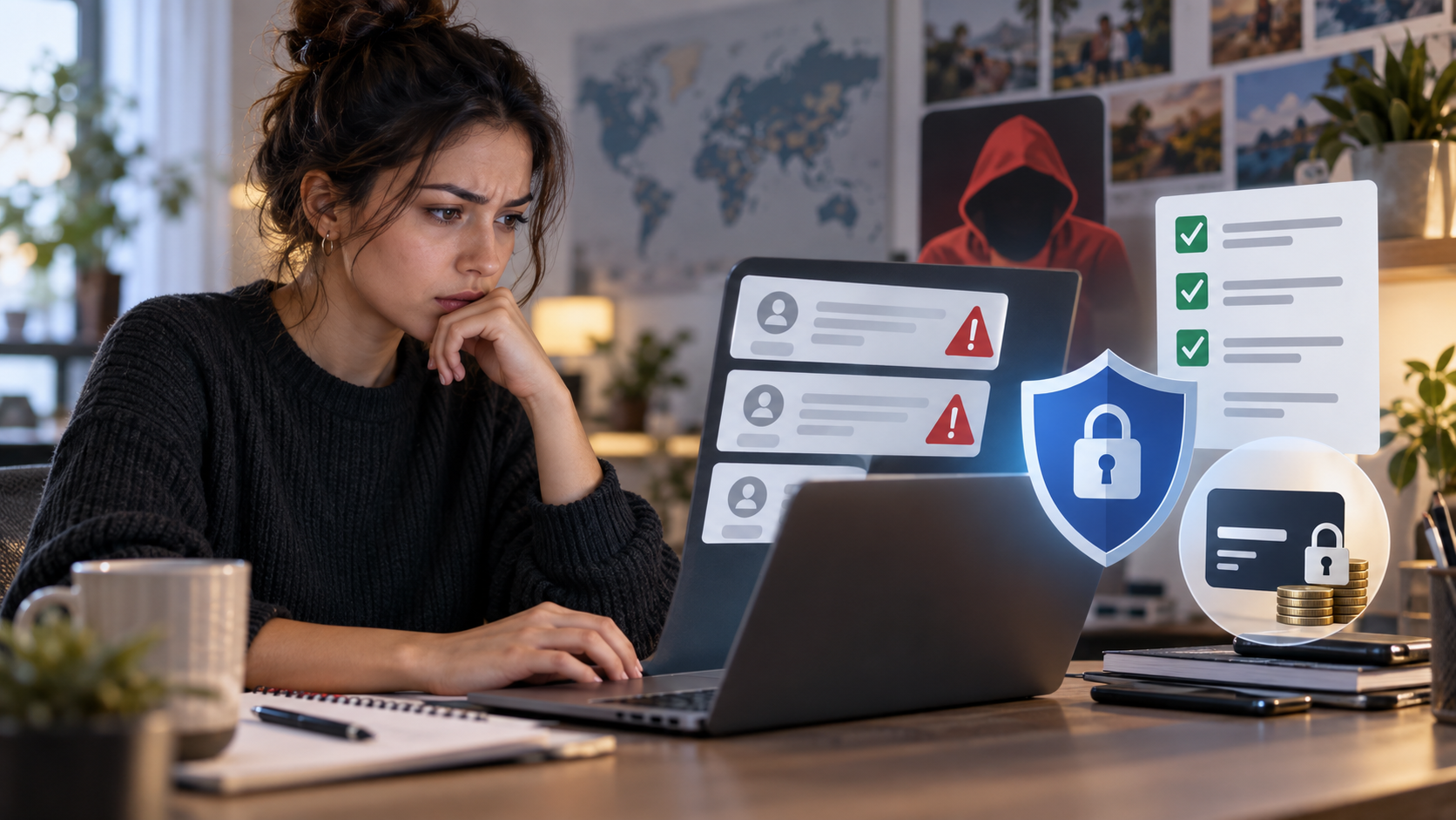 Freelancer examining warning symbols on screens while checking an online opportunity.