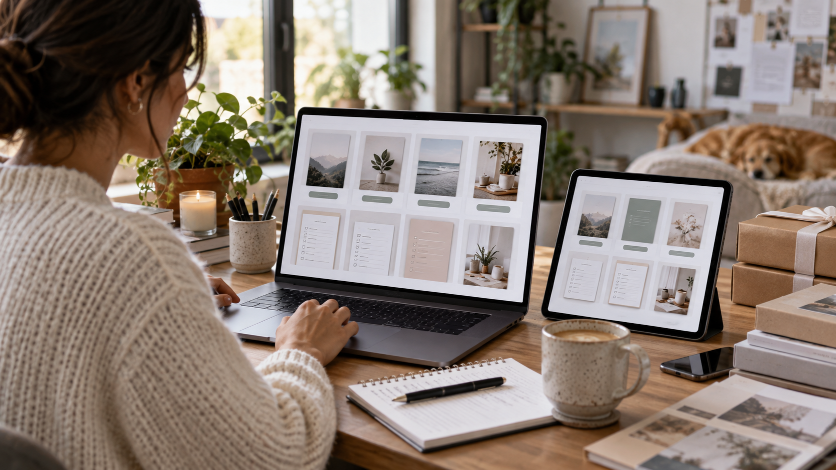 Laptop and tablet displaying digital templates and downloadable resources.