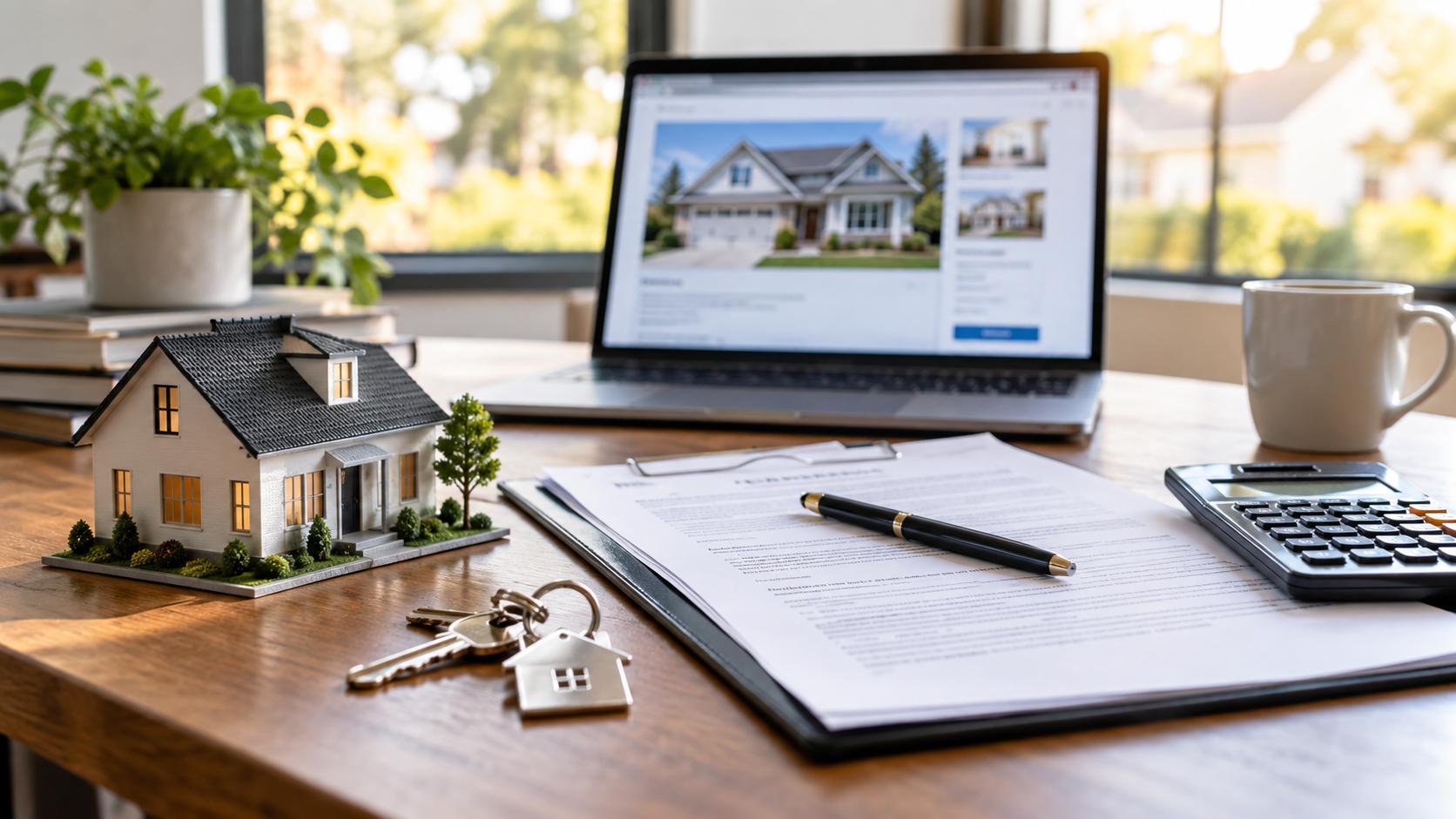 Laptop displaying a property listing in a bright home workspace.