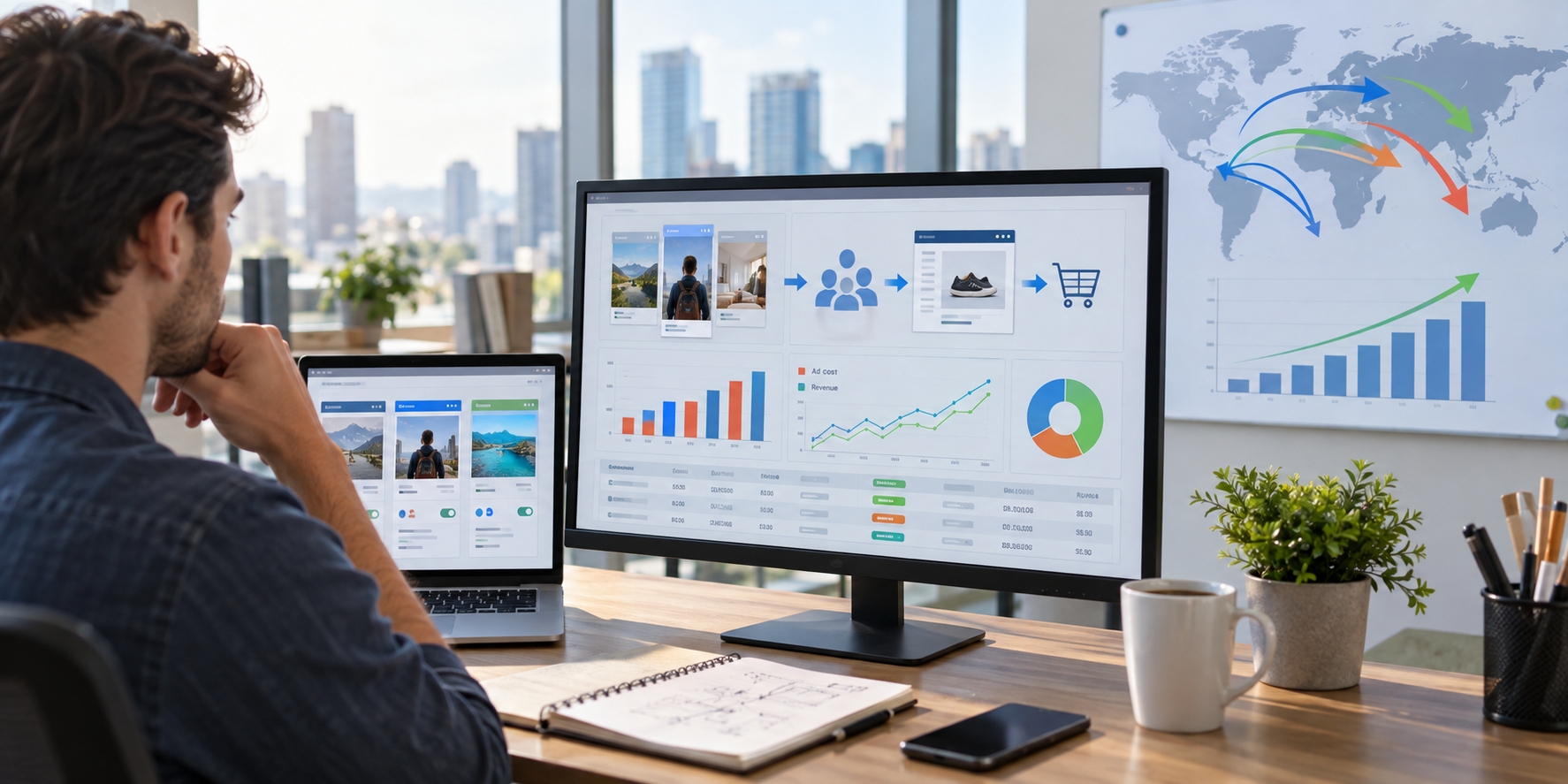 Computer screens displaying traffic and revenue charts for digital advertising.