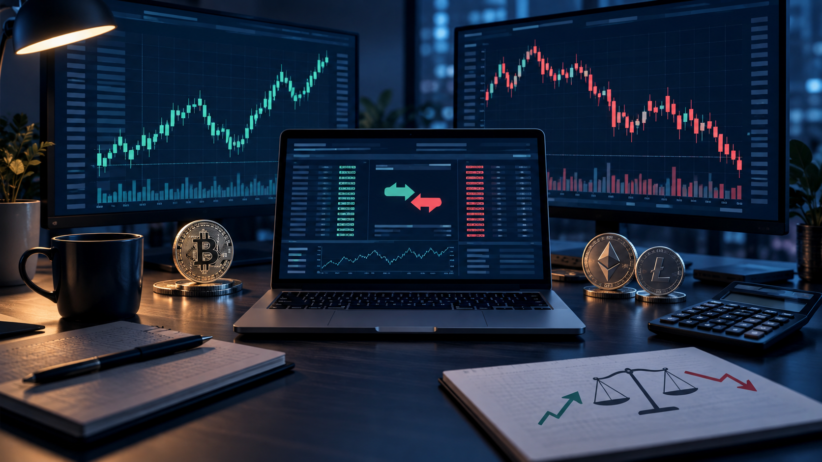 Trading screens displaying market charts and cryptocurrency symbols.