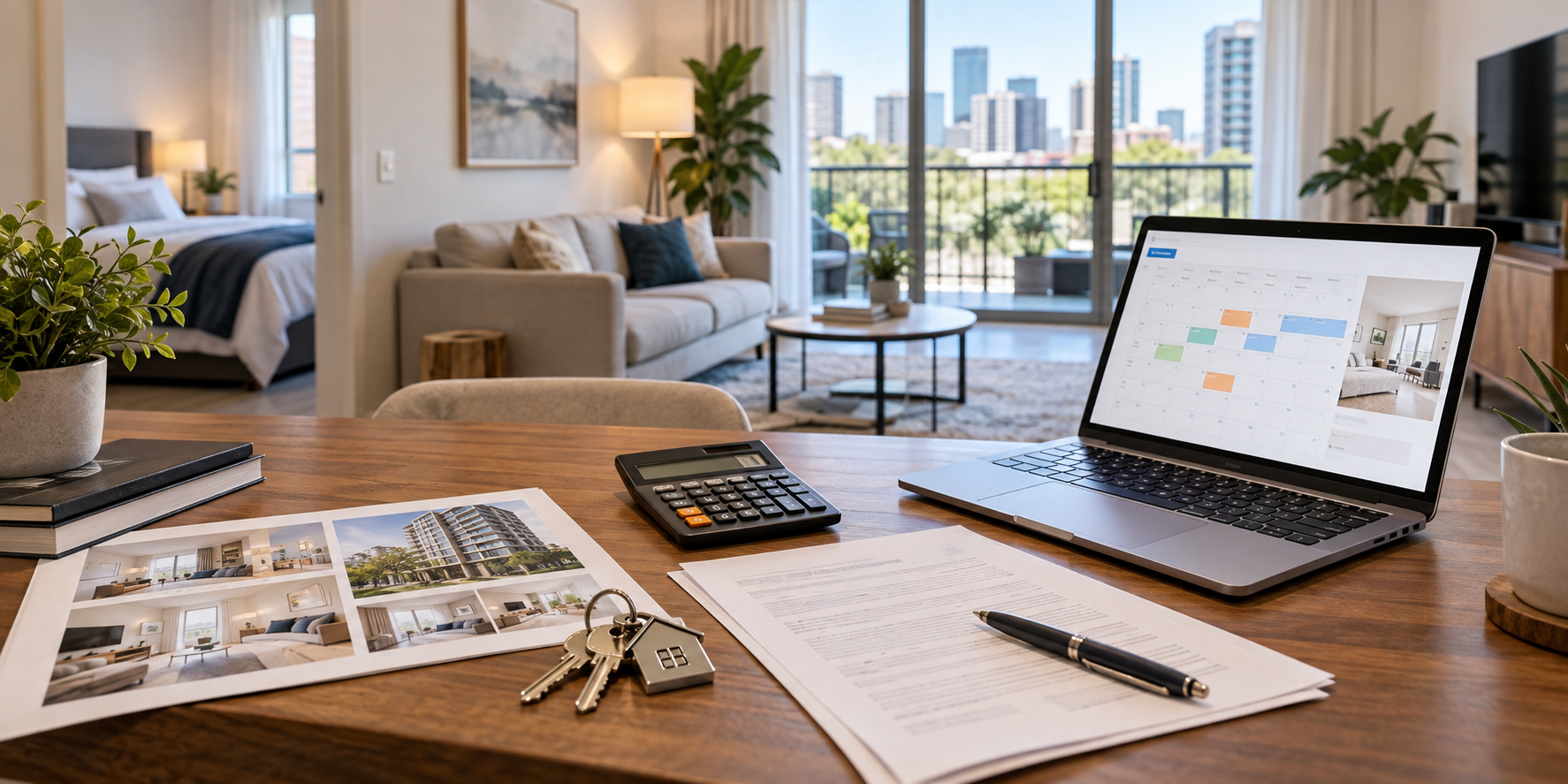 Laptop in a furnished apartment with a view of the surrounding city.