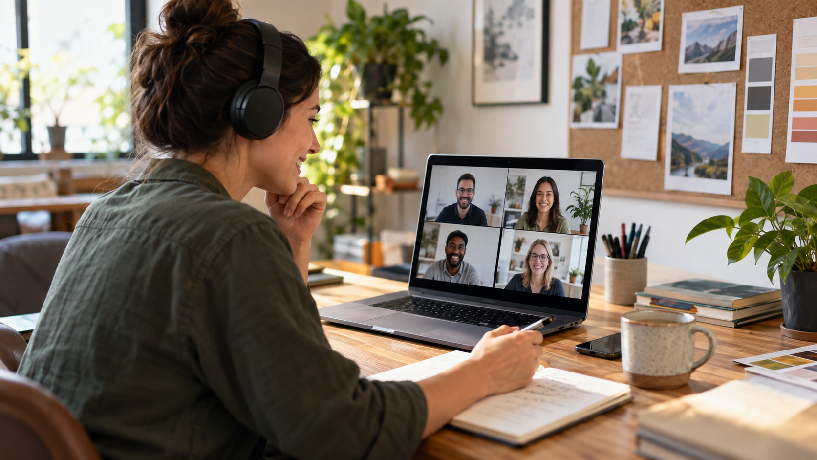 Service provider wearing headphones during a client video call on a laptop.