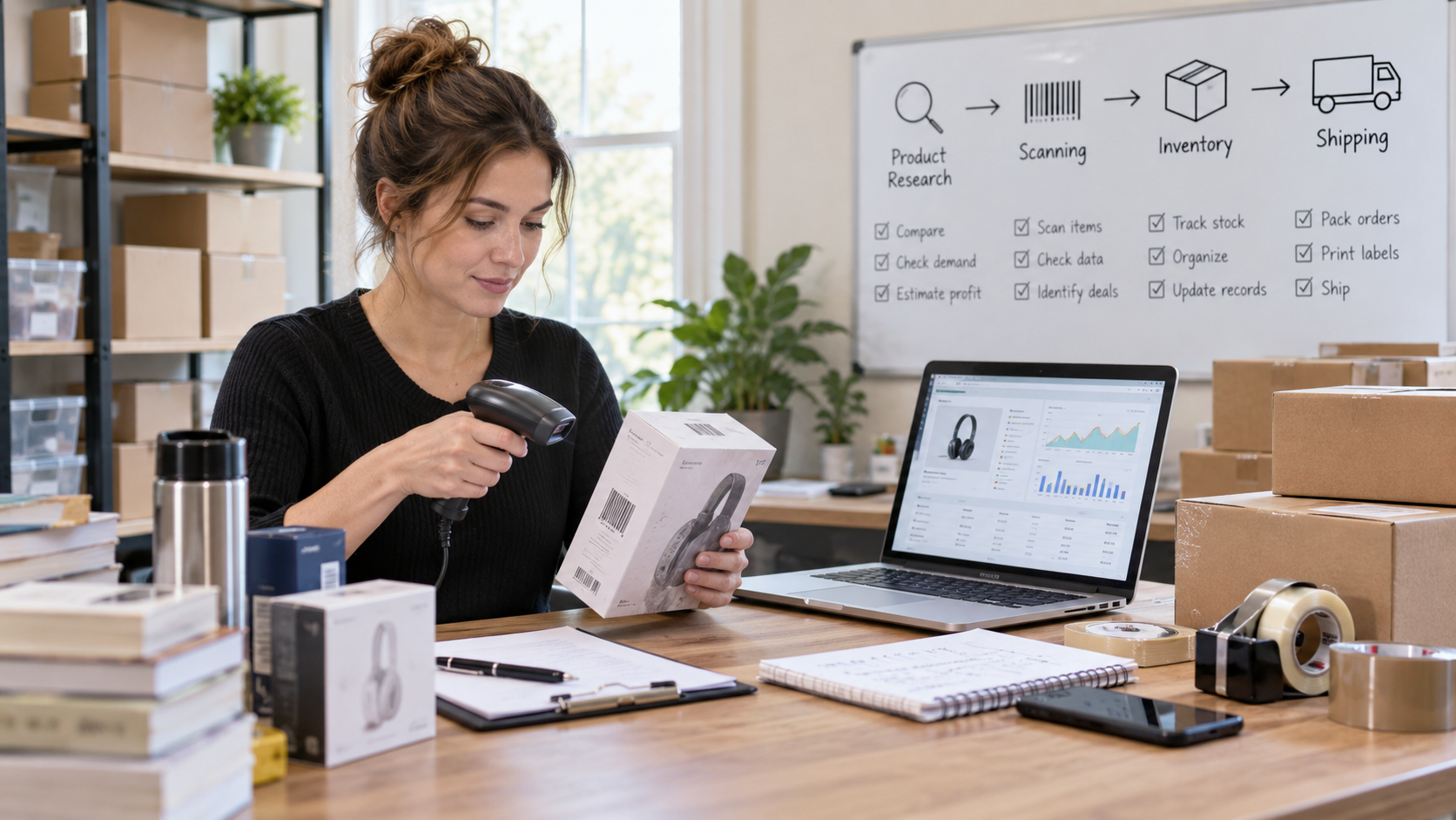 Seller comparing product information on a laptop while preparing items for resale.