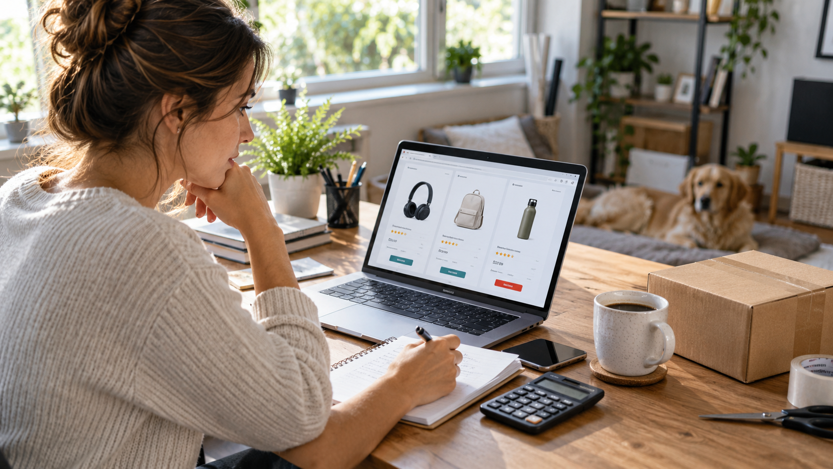 Seller checking a product and laptop listing before an online resale.