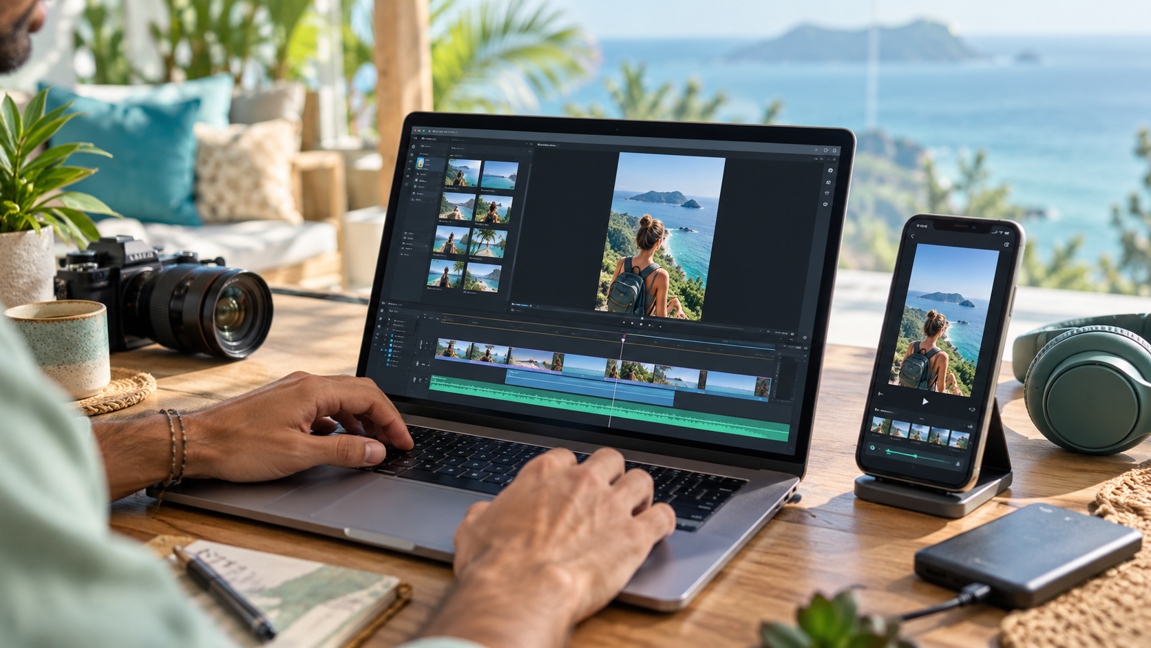 Laptop and phone displaying short-form video editing projects beside a notebook.