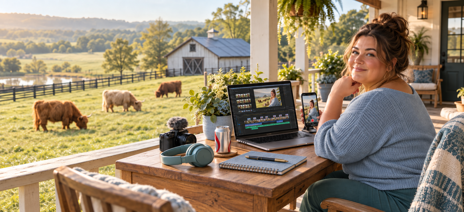 Laptop displaying a video editing timeline on a porch overlooking a barn and pasture.