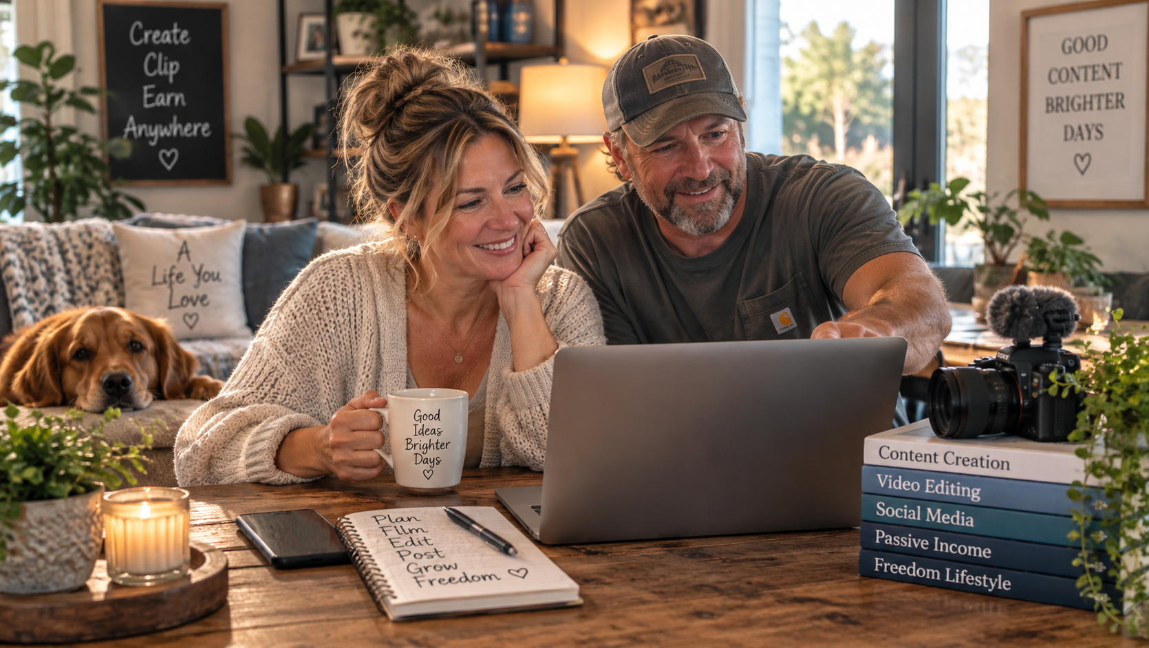 Two creators reviewing content together at a laptop in a warm home workspace.