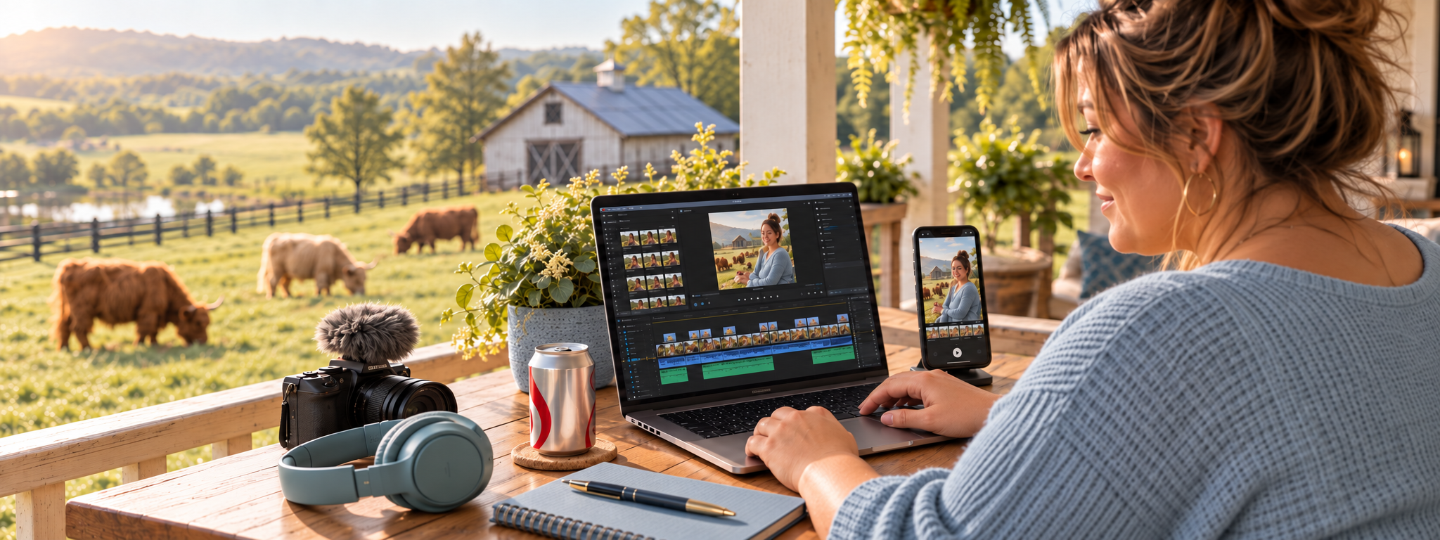 Creator editing video on a laptop beside a phone on a porch overlooking a farm.