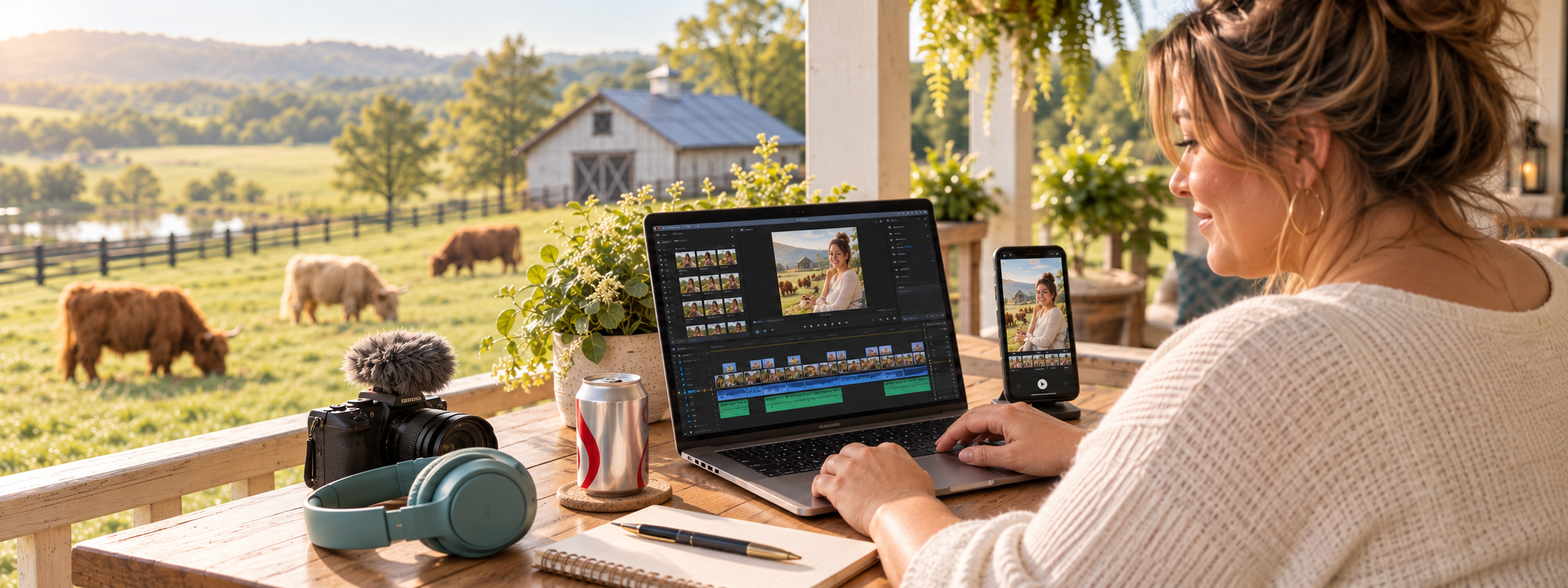 Creator editing video on a laptop from a porch overlooking a green farm and barn.