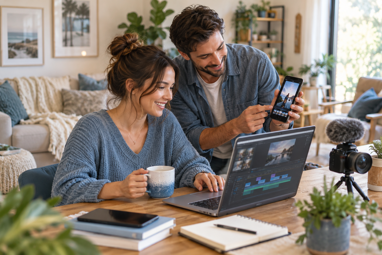 Creator working at a laptop in a warm, plant-filled home workspace.