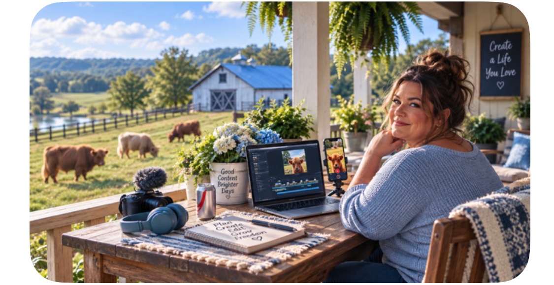 Creator wearing headphones while working on a porch overlooking a barn and green pasture.