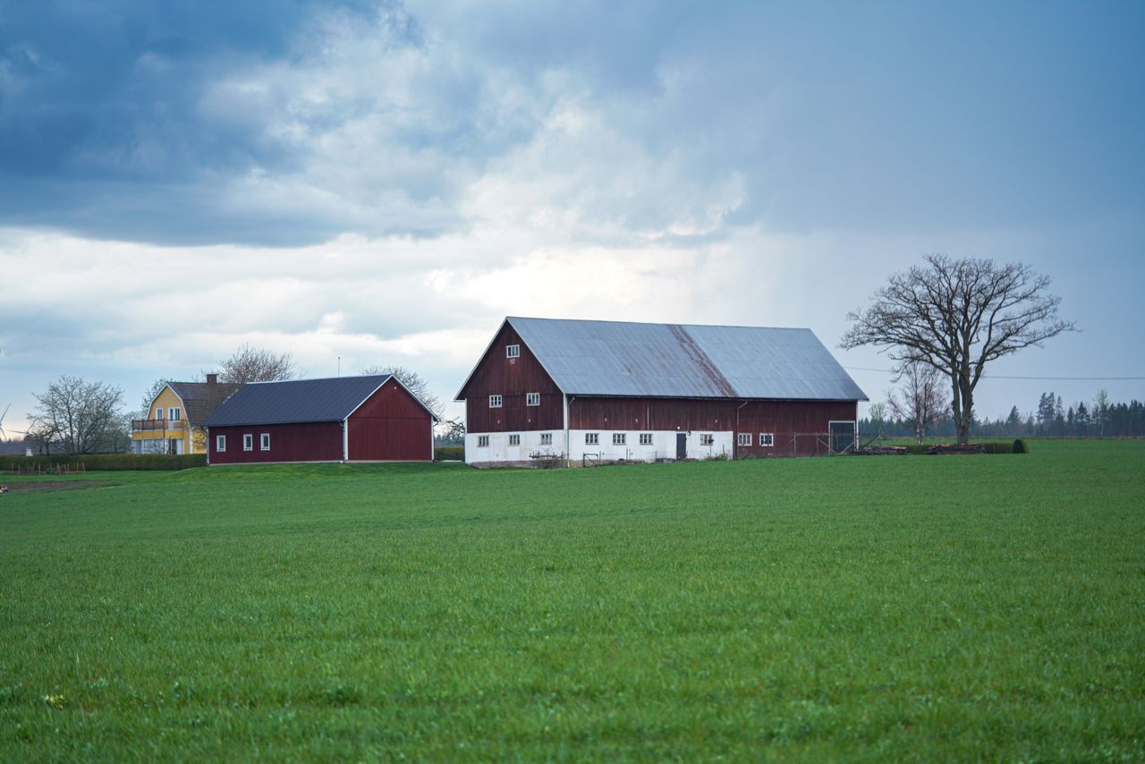 A serene rural scene of barns on a green field beneath a cloudy sky.