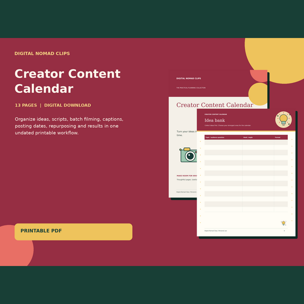 Creator Content Calendar with actual illustrated PDF page previews