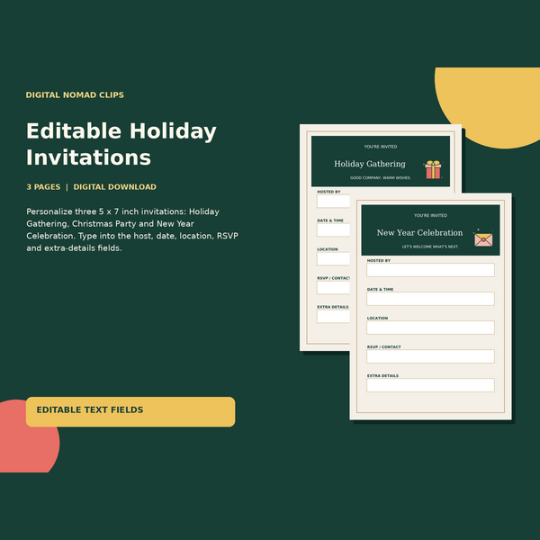 Editable Holiday Invitations with actual illustrated PDF page previews