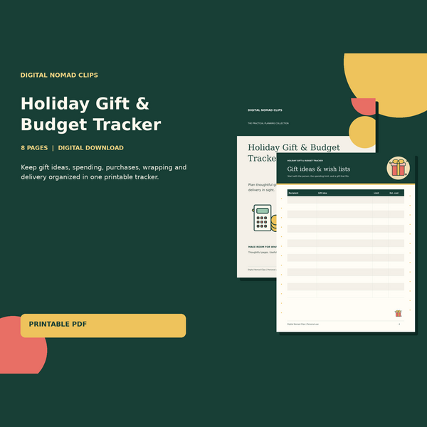 Holiday Gift & Budget Tracker with actual illustrated PDF page previews