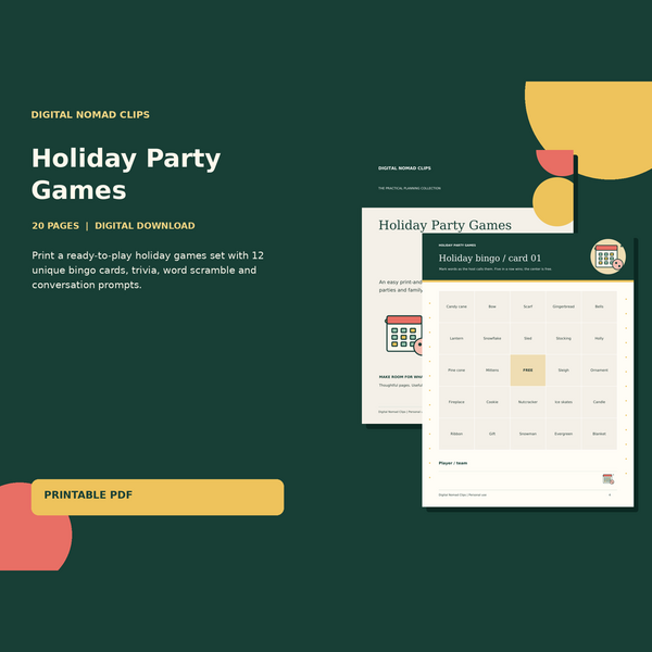 Holiday Party Games with actual illustrated PDF page previews