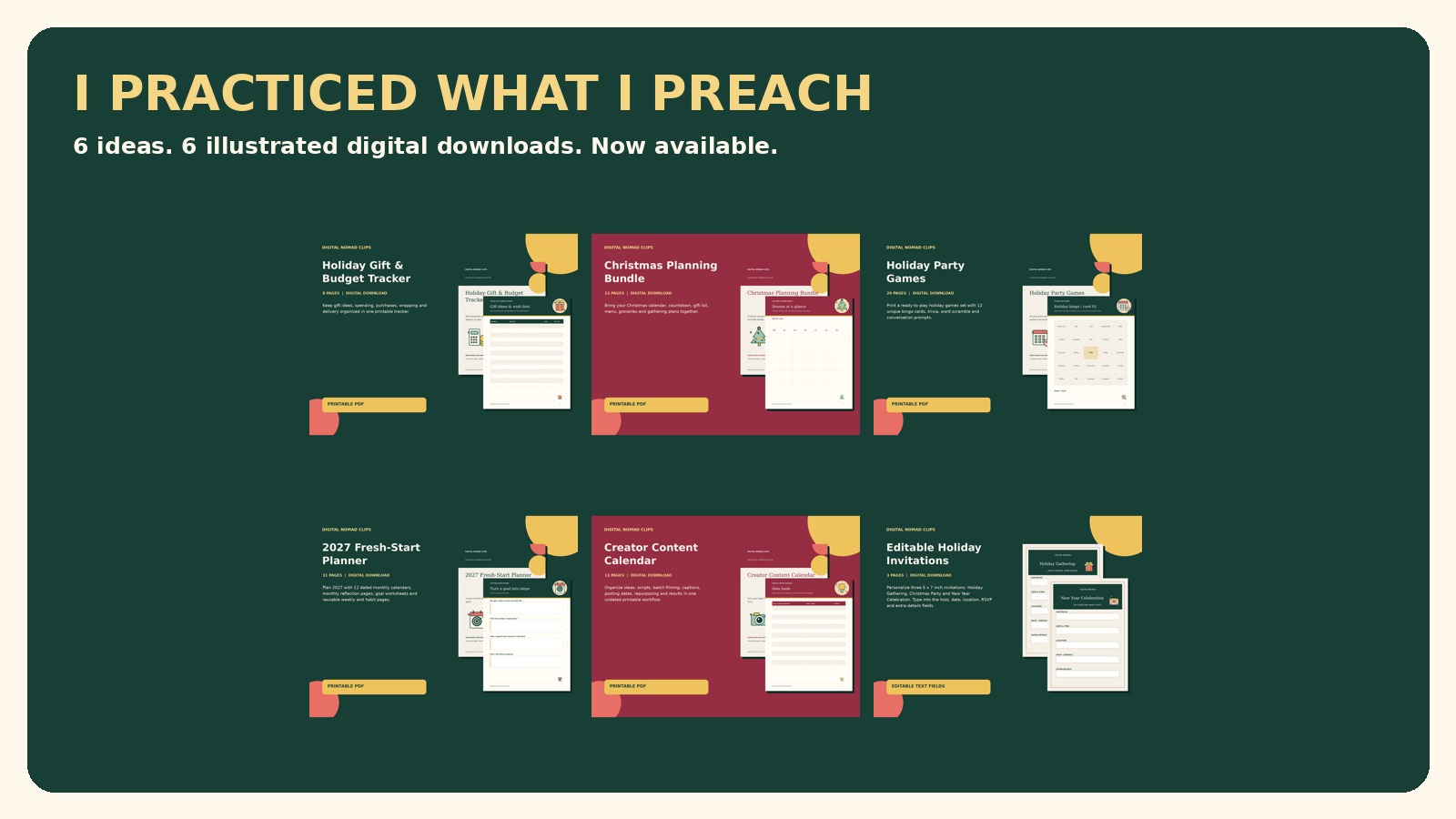 Six Digital Nomad Clips products with real illustrated PDF page previews